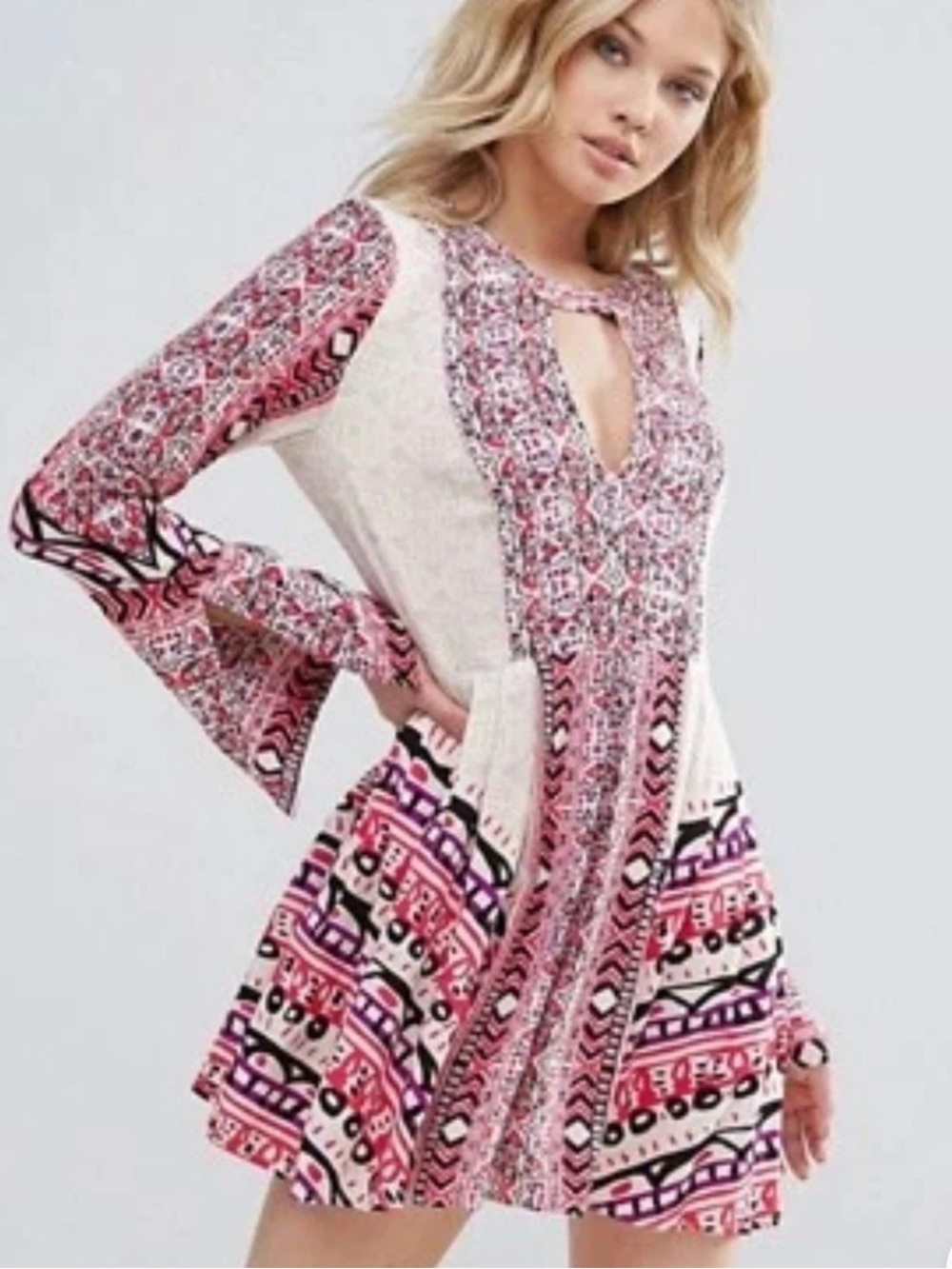 Free People Printed Boho Dress in Pink, Black and Purple